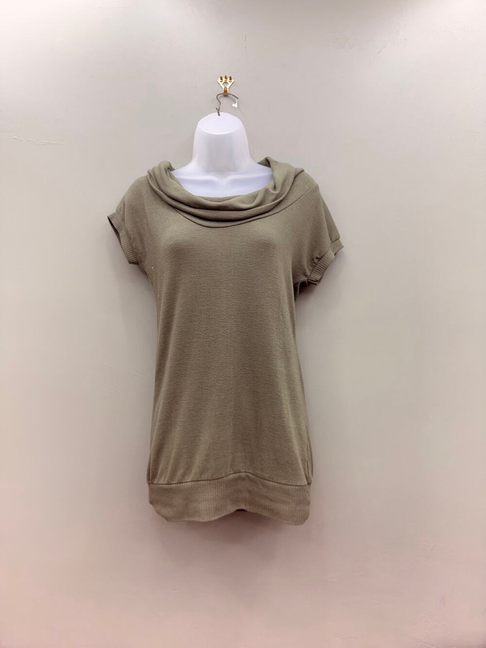 Poof Y2K Cowl Neck Tunic Top Large Olive Green Short Sleeve 2000s